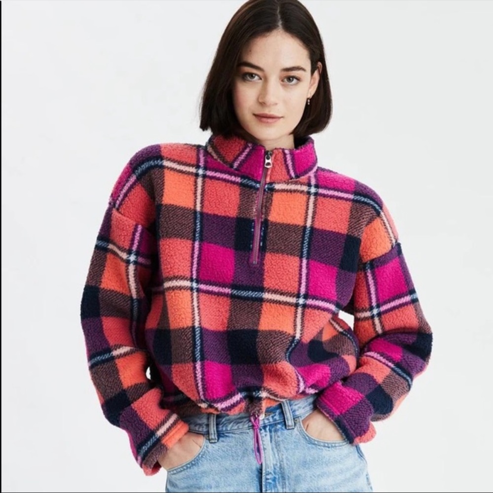 New American Eagle Plaid Sherpa quarter zip fleece jacket size large